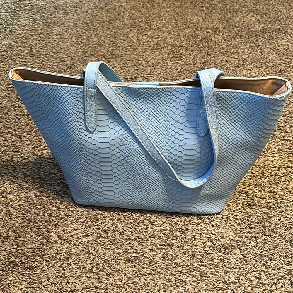 Gigi Teddie Tote, Slate Blue Embossed Python Leather. Brand New